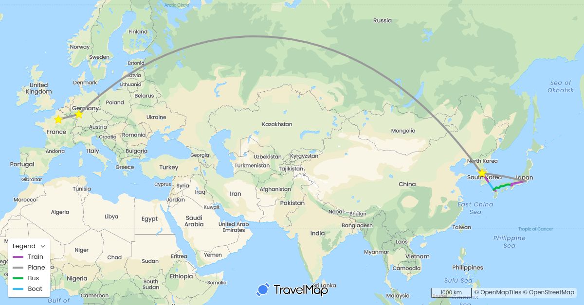 TravelMap itinerary: driving, bus, plane, train, boat in Germany, France, Japan, South Korea (Asia, Europe)